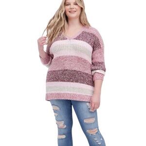 Torrid Pullover Slouchy V-Neck Tunic Sweater Chunky pink ombre Stripe M/10/00